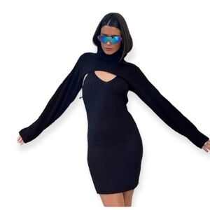 H&M black brown soft knit ribbed dress with cropped turtleneck size xl